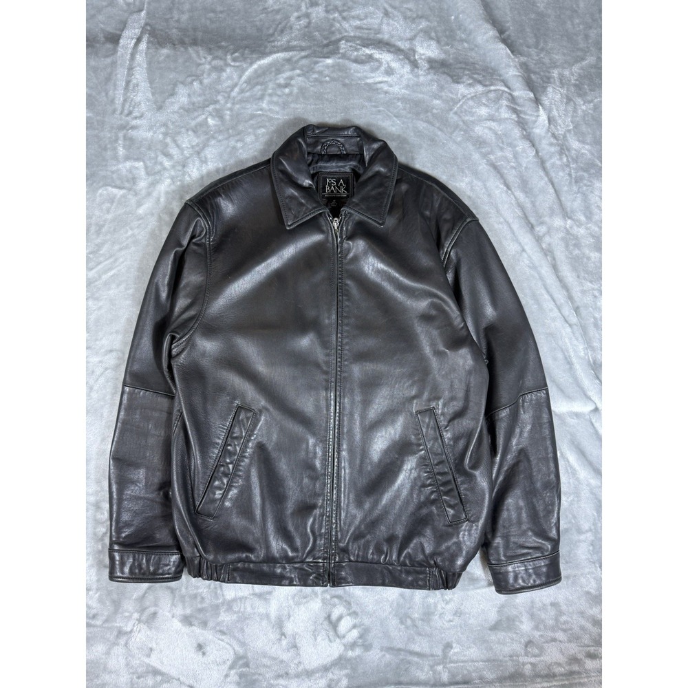 Jos A. Bank Executive Collection Black Leather Jacket Size Medium Full Zip